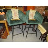 A PAIR OF MODERN UPHOLSTERED GREEN VELVET BAR STOOLS