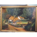 TWO GILT FRAMED OILS ON BOARDS OF COUNTRY HOUSES, TOGETHER WITH A PENCIL PORTRAIT AND A SMALL