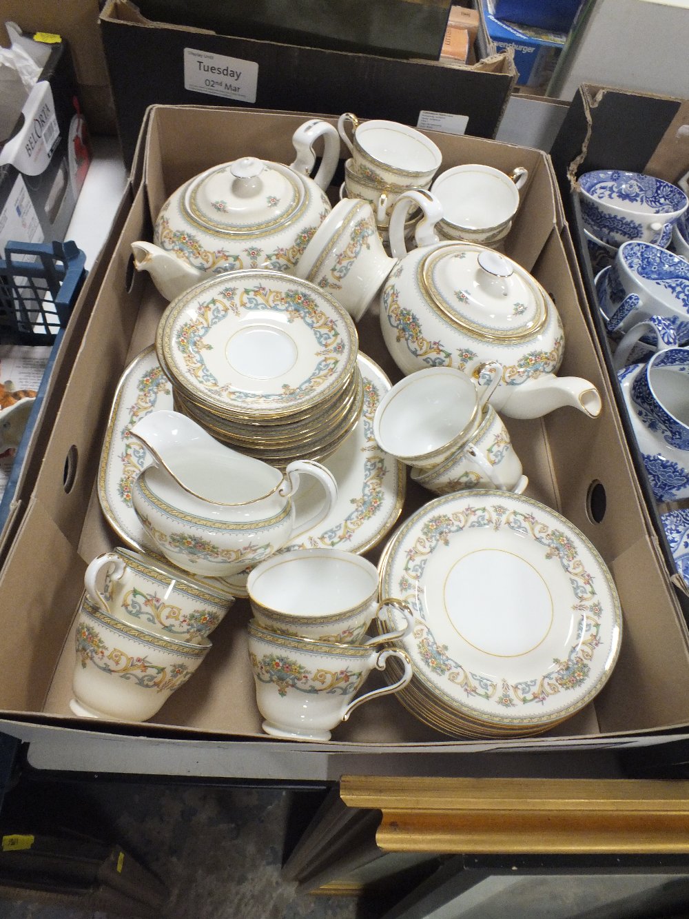 A TRAY OF AYNSLEY HENLEY CHINA TO INCLUDE TWO TEAPOTS - ONE WITH BROKEN SPOUT, TRIOS ETC