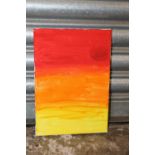 A MODERNIST ART OIL ON CANVAS ENTITLED 'THE FIRE' INITIALLED R.E. TO REVERSE - H 28.5 BY 20.5 CM