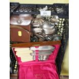 A SMALL TRAY OF SILVER PLATED FLATWARE, VINTAGE CAMERA ETC