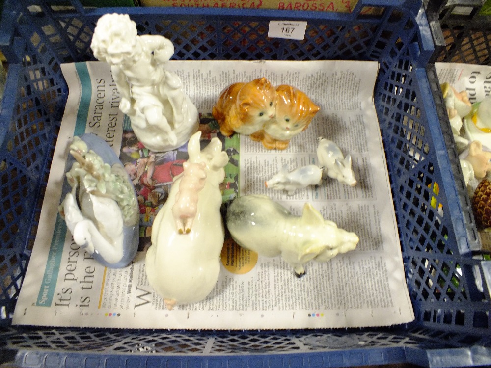 A SMALL TRAY OF BESWICK ANIMAL FIGURES, ROYAL WORCESTER STYLE FIGURE ETC