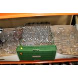 THREE TRAYS OF ASSORTED GLASSWARE TO INCLUDE WINE GLASSES, CUT GLASS EXAMPLES ETC.