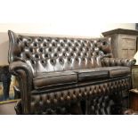 A TRADITIONAL BROWN LEATHER CHESTERFIELD STYLE THREE PIECE SUITE A/F