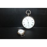 A HALLMARKED SILVER OPEN FACED POCKET WATCH TOGETHER WITH A VINTAGE SILVER WRIST WATCH (2)