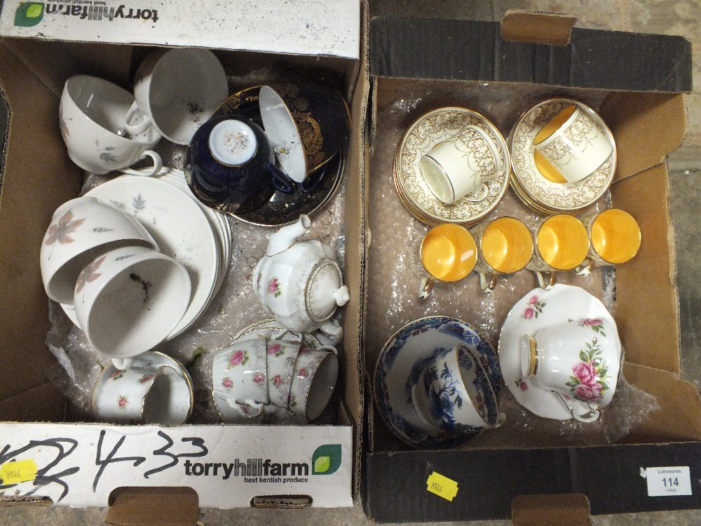 TWO SMALL TRAYS OF CUPS AND SAUCERS ETC TO INCLUDE CROWN STAFFORDSHIRE, ROYAL DOULTON ETC