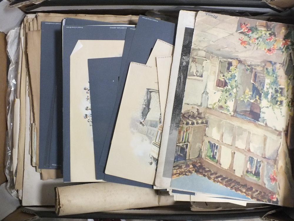 A TRAY OF UNFRAMED PRINTS ETC TO INCLUDE A QUANTITY OF SPORTING HERITAGE PRINTS, QUANTITY OF ANTIQUE