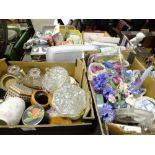 THREE TRAYS OF ASSORTED HOUSEHOLD SUNDRIES TO INCLUDE GLASS VANITY JARS, DELUXE EDITION SCRABBLE (