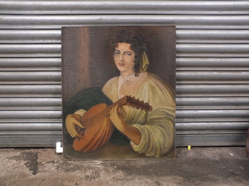 A 19TH CENTURY OIL ON CANVAS LAID ON BOARD OF A FEMALE FIGURE PLAYING A LUTE 71CM X 60CM - Bild 2 aus 3