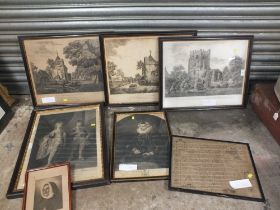 A COLLECTION OF FRAMED AND GLAZED ENGRAVINGS ETC. TO INCLUDE PORTRAITS, CHURCHES ETC