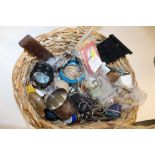A BASKET OF COLLECTABLES AND COSTUME JEWELLERY