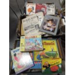 TWO TRAYS OF VINTAGE BOOKS AND MAGAZINES TOGETHER WITH A BOX OF VINTAGE BOARD GAMES ETC