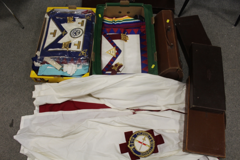 A COLLECTION OF LEATHER CARRY CASES, MOSTLY FROM MASONIC REGALIA BACKGROUND TOGETHER WITH TWO TRAYS