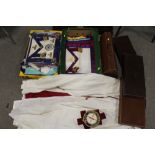 A COLLECTION OF LEATHER CARRY CASES, MOSTLY FROM MASONIC REGALIA BACKGROUND TOGETHER WITH TWO TRAYS