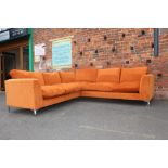 A LARGE 'JAFFA' ORANGE UPHOLSTERED PLUS VELOUR CHROME LEGGED CORNER SETTEE, W 273 CM, D 255 CM, SEAT