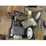 A BOX OF CARRIAGE CLOCKS, MANTEL CLOCKS ETC