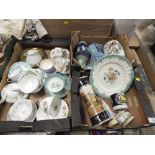 THREE BOXES OF ASSORTED CHINA AND CERAMICS TO INCLUDE A HAND PAINTED VASE, WEDGWOOD JASPERWARE,