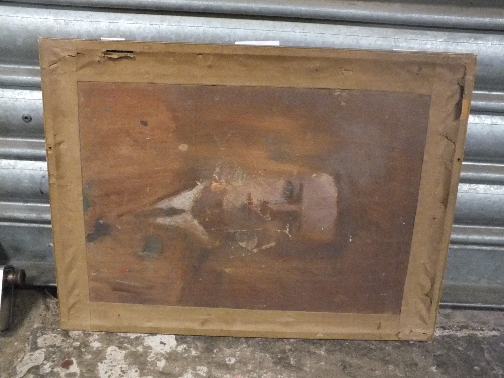 A GILT FRAMED OIL ON BOARD DEPICTING A RUSTIC COTTAGE SCENE WITH FIGURES WITH PORTRAIT STUDY VERSO - Bild 3 aus 4