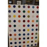 A LARGE DAMIEN HIRST STYLE SPOT PAINTING ON CANVAS - H 122 CM BY W 86 CM TOGETHER WITH A LARGE