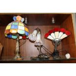 A TIFFANY STYLE TABLE LAMP WITH MULTICOLOURED LEADED GLASS SHADE, TOGETHER WITH AN ART DECO STYLE