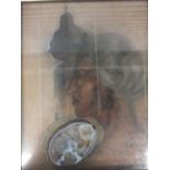 AN UNUSUAL FRAMED AND GLAZED MIXED MEDIA STUDY OF A LADY IN PROFILE AND A MONUMENT WITH INSET
