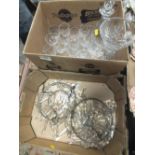 TWO BOXES OF CUT GLASS TO INCLUDE HANGING CHANDELIERS A/F, DECANTER, ETC