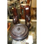 A PAIR OF EAST AFRICAN HARDWOOD ELEPHANT BOOK ENDS, LARGE AFRICAN BOWL AND LID WITH CARVED ELEPHANTS