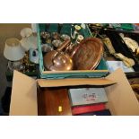 THREE TRAYS OF ASSORTED METALWARE TO INCLUDE A QUANTITY OF CASED FLATWARE, COPPER KETTLE, JOHNNY