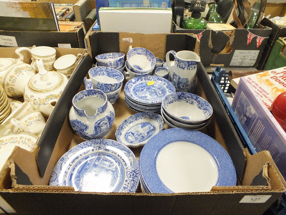 A TRAY OF SPODE ITALIAN DESIGN BLUE AND WHITE CHINA TOGETHER WITH SPODE VERMICELLI SIDE PLATES