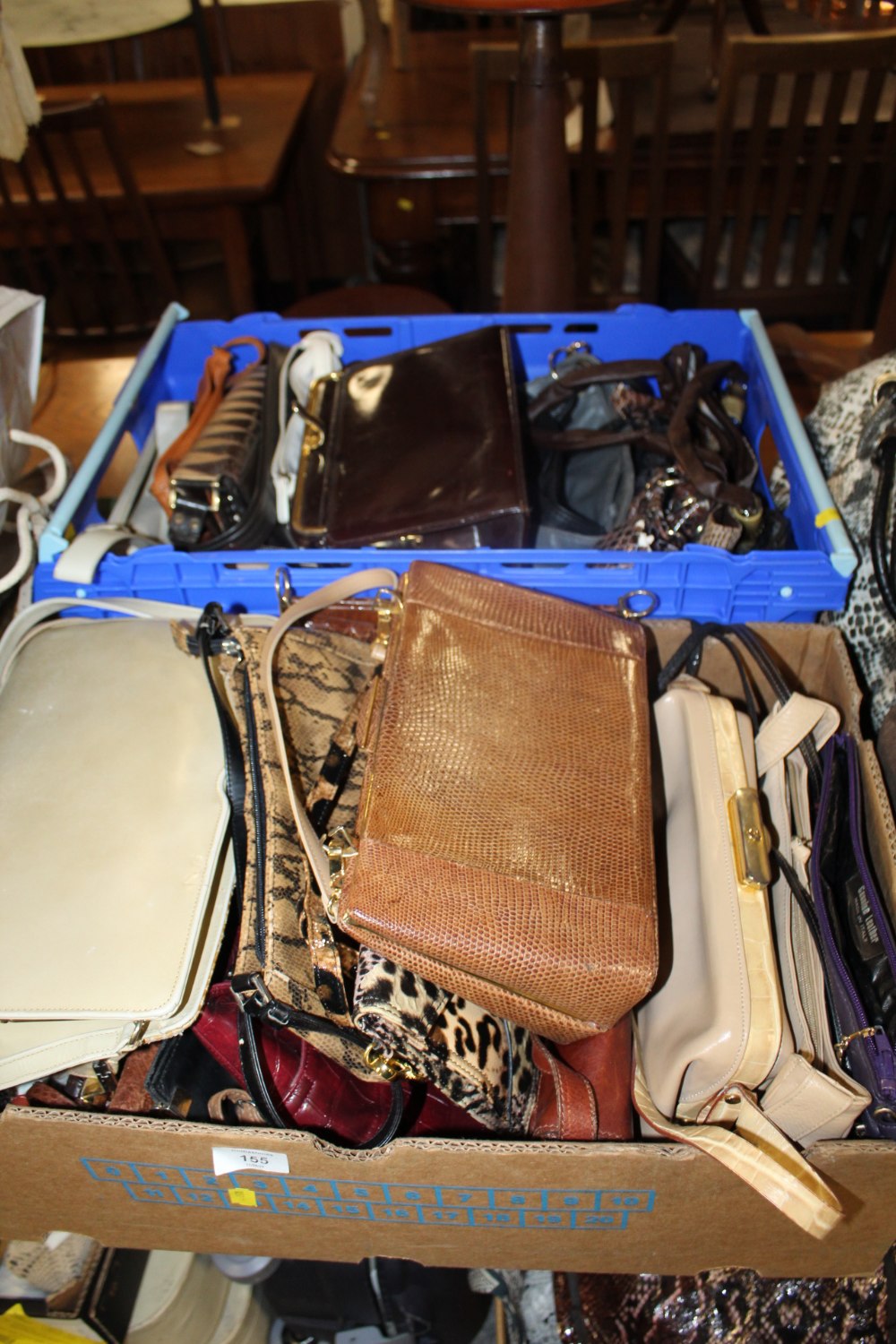 TWO TRAYS OF LADIES HANDBAGS TO INCLUDE LEATHER AND SNAKESKIN EFFECT EXAMPLES