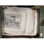 A TRAY OF UNFRAMED ANTIQUE ENGRAVINGS ETC TO INCLUDE PORTRAIT STUDIES TOGETHER WITH ETCHINGS AND