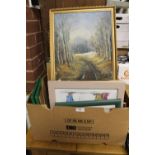 A TRAY OF ASSORTED WATERCOLOURS, OIL PAINTINGS ETC TOGETHER WITH A MONET PRINT AND A GILT FRAMED