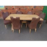 A LARGE MODERN OAK TRESTLE STYLE DINING TABLE WITH SIX SUEDE UPHOLSTERED CHAIRS - TABLE H 77 CM,