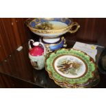 FIVE COALPORT LIMITED EDITION BIRD PATTERN CABINET PLATES, TOGETHER WITH A NORITAKE TWIN HANDLED