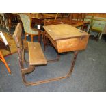 A VINTAGE CHILDS SCHOOL DESK AND JOINED CHAIR