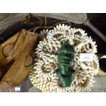 A SOUTH AFRICAN TRIBAL ART ZULU FLY WHISK, LEATHER POUCH, GREEN STONE AFRICAN HEAD AND COWRIE