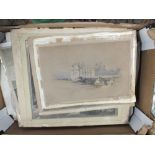 A TRAY OF UNFRAMED ANTIQUE ENGRAVINGS AND ETCHINGS TO INCLUDE LANDSCAPES, PORTRAIT STUDIES ETC
