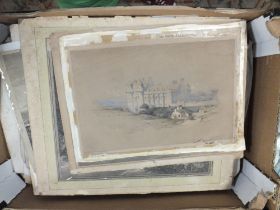 A TRAY OF UNFRAMED ANTIQUE ENGRAVINGS AND ETCHINGS TO INCLUDE LANDSCAPES, PORTRAIT STUDIES ETC