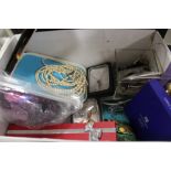 A BOX OF ASSORTED COSTUME JEWELLERY ETC.