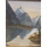 A FRAMED OIL ON BOARD OF A MOUNTAINOUS LAKE SCENE BY COLLEEN HAMILTON (NEW ZEALAND ARTIST) - H 24.