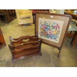 A GLAZED MAHOGANY FIRE SCREEN AND REPRODUCTION MAGAZINE RACK (2)