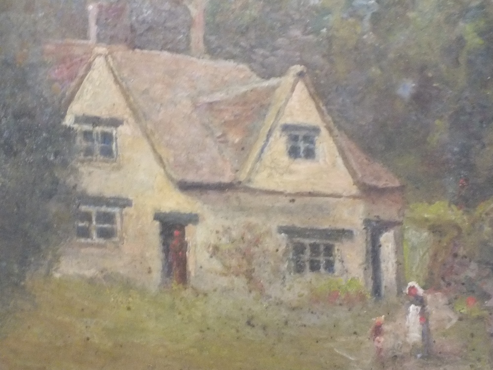 A GILT FRAMED OIL ON BOARD DEPICTING A RUSTIC COTTAGE SCENE WITH FIGURES WITH PORTRAIT STUDY VERSO