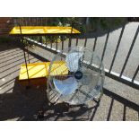 RETRO YELLOW PLASTIC TROLLEY TOGETHER WITH A LARGE CHROME STYLE FAN