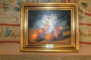 A FRAMED STILL LIFE OIL ON CANVAS OF ORANGES AND POTTERY SIGNED ANTONIO NAPOLITANO VERSO - H 20CM BY