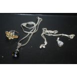 TWO GEM SET SILVER PENDANTS ON CHAINS TOGETHER WITH A SILVER AND CITRINE STYLE STONE SET RING