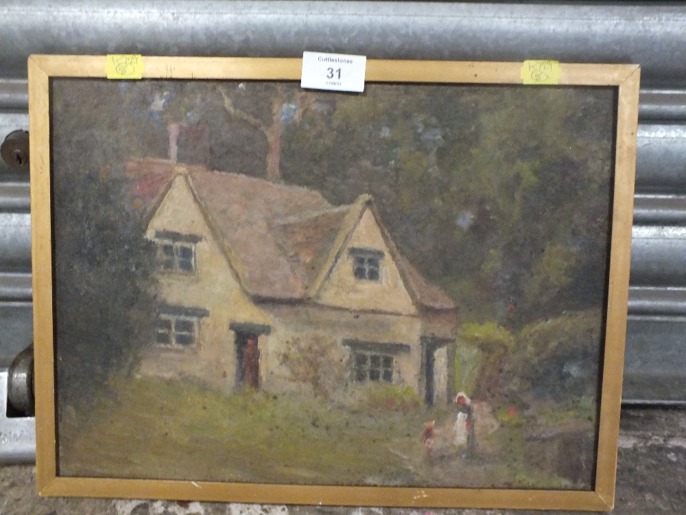 A GILT FRAMED OIL ON BOARD DEPICTING A RUSTIC COTTAGE SCENE WITH FIGURES WITH PORTRAIT STUDY VERSO - Bild 2 aus 4