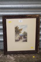 A FRAMED AN GLAZED WATERCOLOUR OF A FIGURE RIDING HORSES AND A DOG ON THE ROAD SIGNED A HULK LOWER