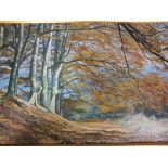 A GILT FRAMED OIL ON CANVAS ENTITLED RIDGEWAY AUTUMN BY H. SQUIRES 50CM X 75CM, TOGETHER WITH A GILT