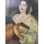 A 19TH CENTURY OIL ON CANVAS LAID ON BOARD OF A FEMALE FIGURE PLAYING A LUTE 71CM X 60CM