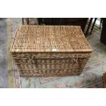 A LARGE WICKER HAMPER WITH HANDLES - W 86 CM, S/D **OLD WORM DAMAGE** TOGETHER WITH A SMALLER